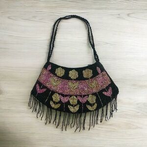 Vintage Beaded Purse
Handbag Black W/ Multicolor
Floral Design & Beaded
Handle